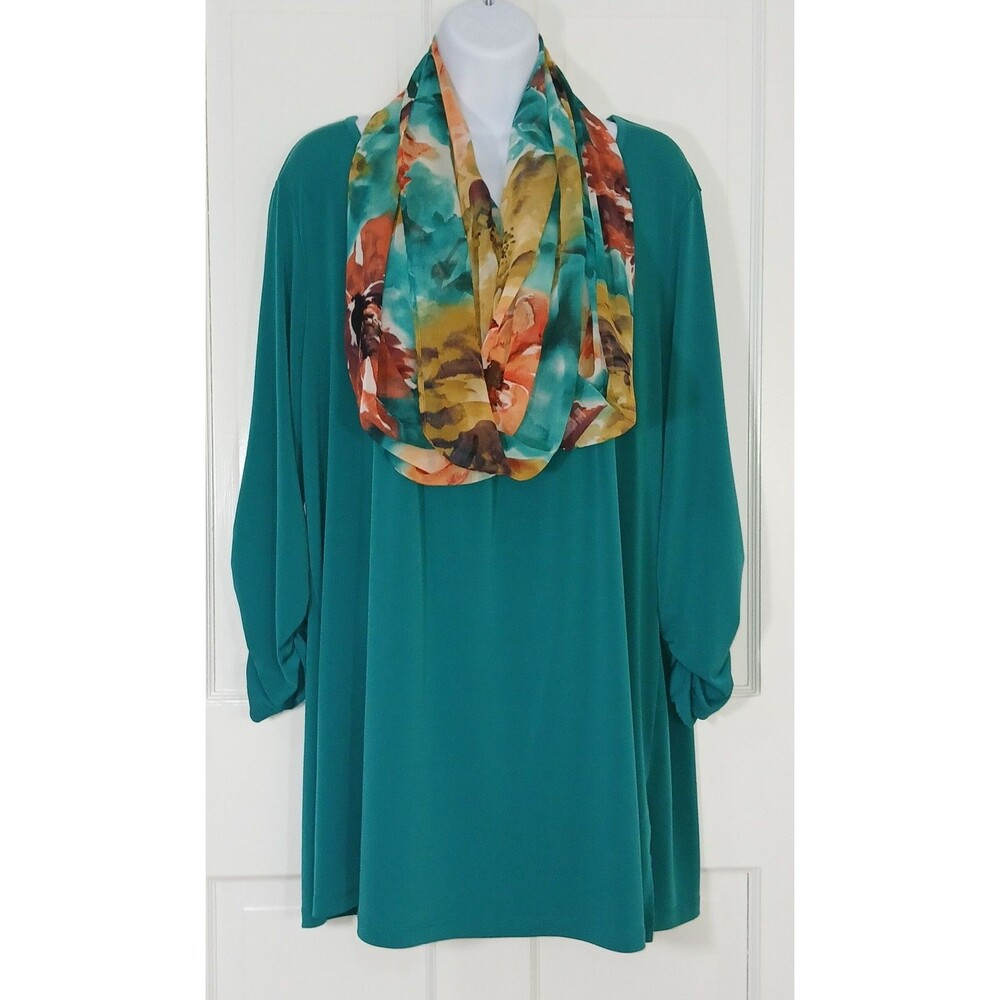 Susan Graver Liquid Knit Tunic Top & Scarf Set Teal Green 1X Fall Comfort Travel